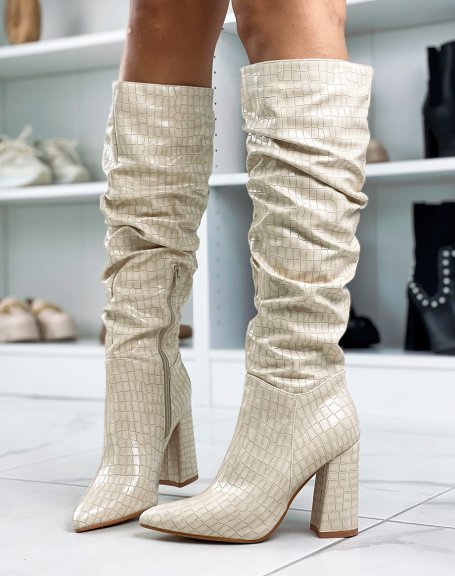 Beige croc-effect heeled boots