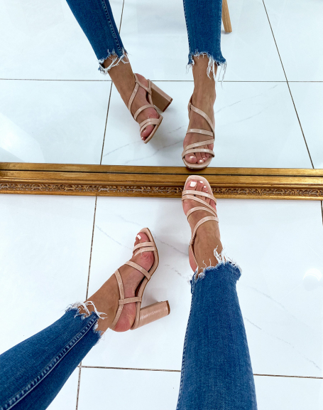 Beige croc-effect heeled sandals