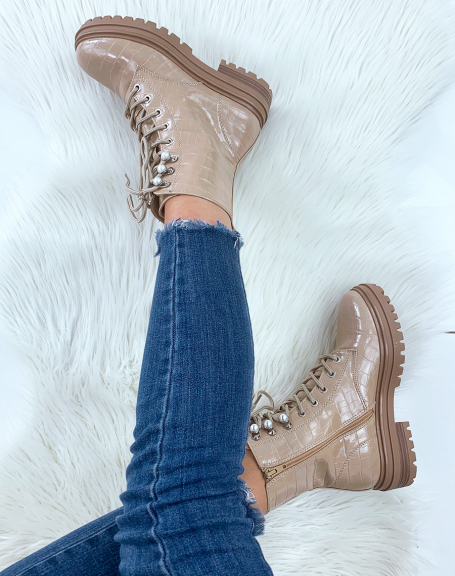 Beige croc-effect high ankle boots