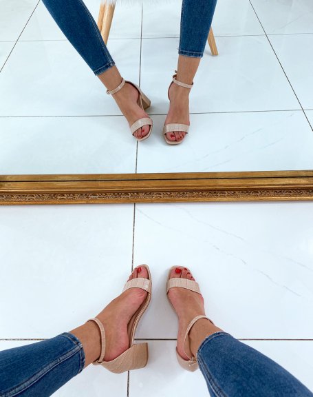 Beige croc-effect low heel sandals