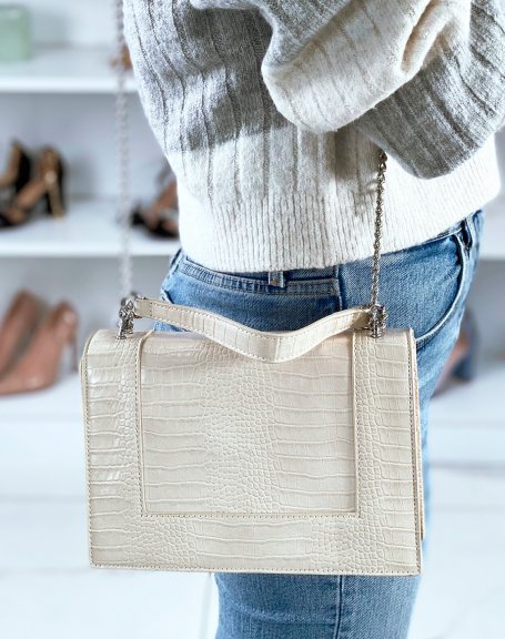 Beige croc-effect shoulder bag with silver chain