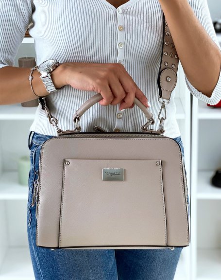 Beige double pocket satchel style handbag