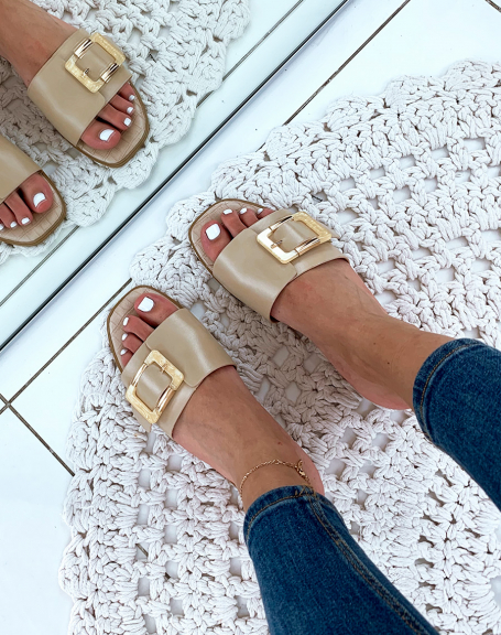 Beige faux leather chunky buckle mules
