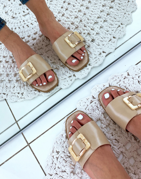 Beige faux leather chunky buckle mules