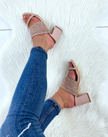 Beige faux leather heeled double strap sandals