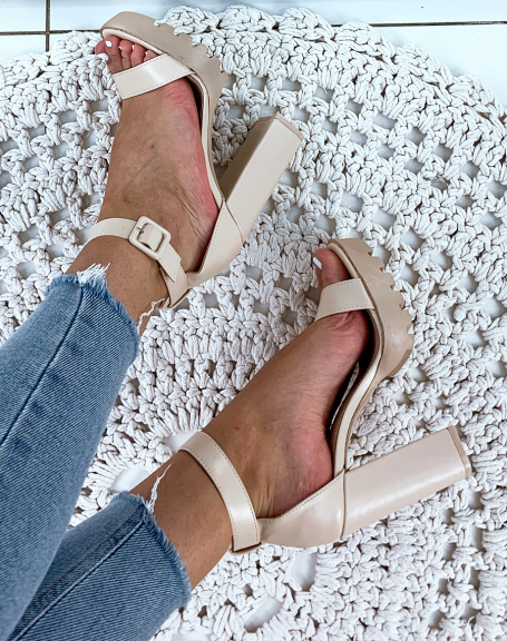 Beige faux leather heeled sandals with lug soles