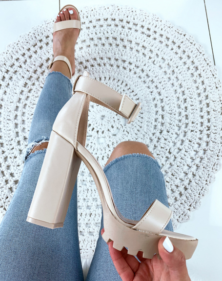 Beige faux leather heeled sandals with lug soles