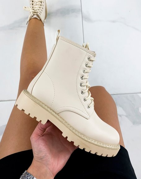 Beige faux leather lace-up boots