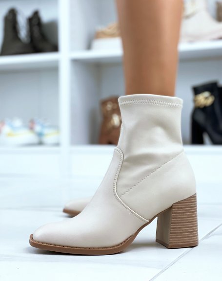 Beige faux leather sock heel ankle boots