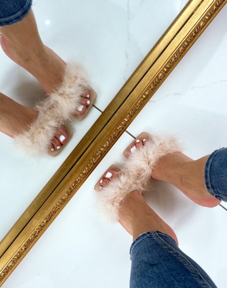 Beige feathered heeled mules