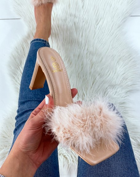 Beige feathered heeled mules