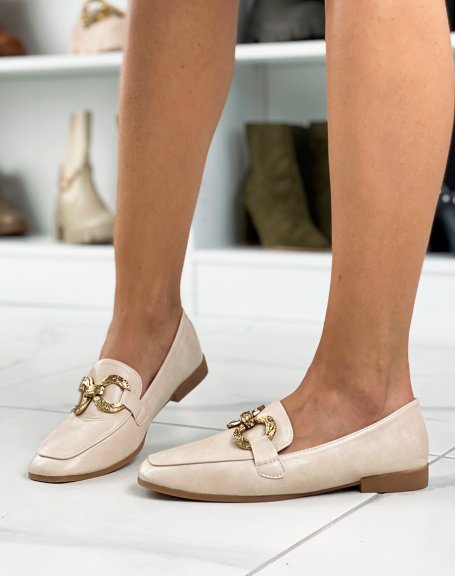 Beige flat loafers with double golden buckles