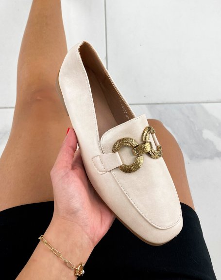 Beige flat loafers with double golden buckles