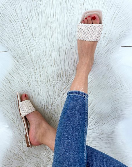 Beige flat mules with braided strap and square toe