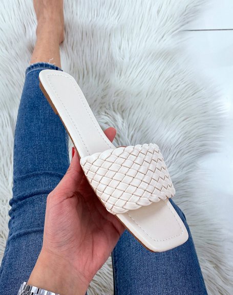 Beige flat mules with braided strap and square toe
