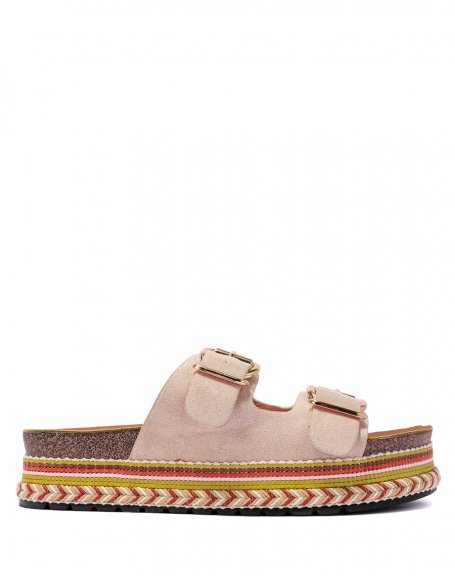 Beige flat mules with double strap and Aztec sole