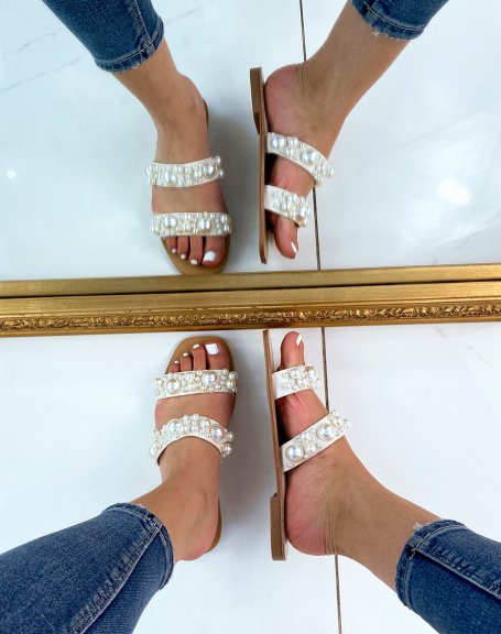 Beige flat mules with double straps