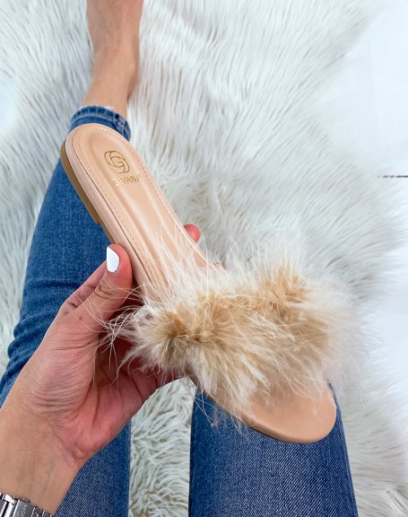 Beige flat mules with feathers