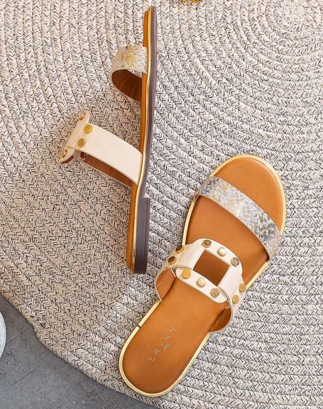 Beige flat mules with golden details and animal print