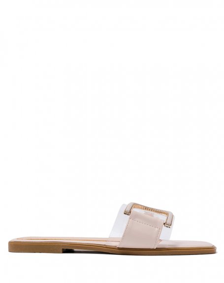 Beige flat mules with transparent strap and golden jewels