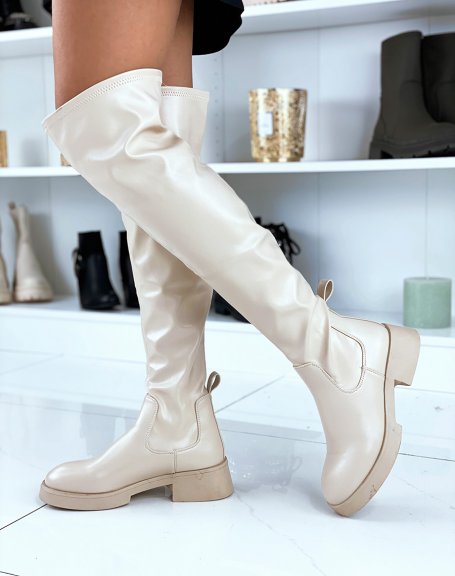 Beige flat over the knee boots with smooth platform