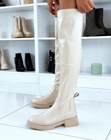 Beige flat over the knee boots with smooth platform