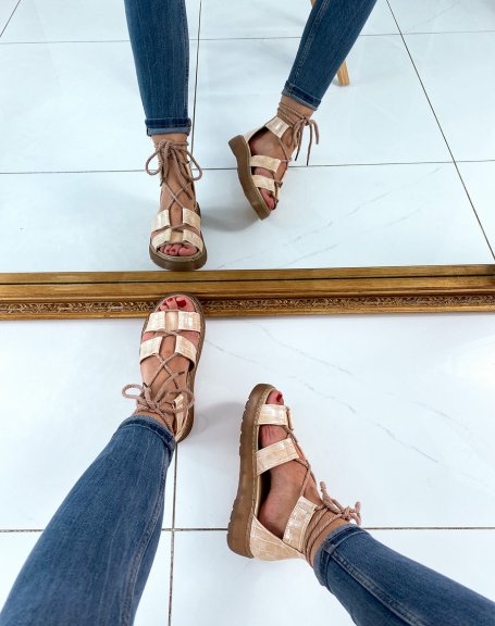 Beige flat sandals with ankle laces