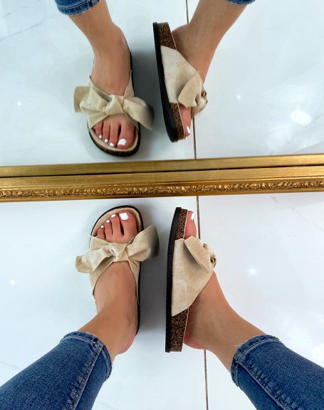 Beige flat sandals with big bow