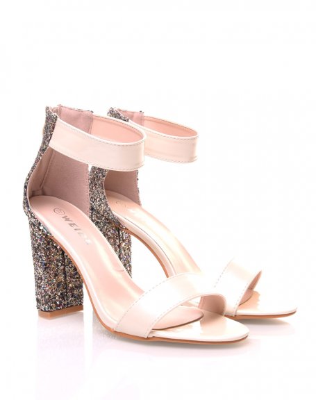 Beige glitter heeled sandals