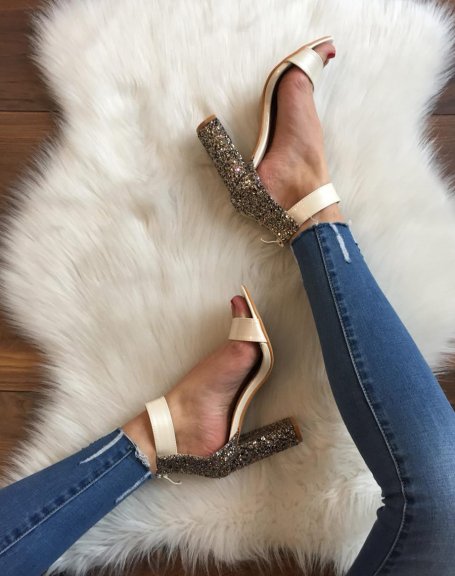 Beige glitter heeled sandals