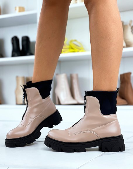 Beige gummed sock-effect ankle boots