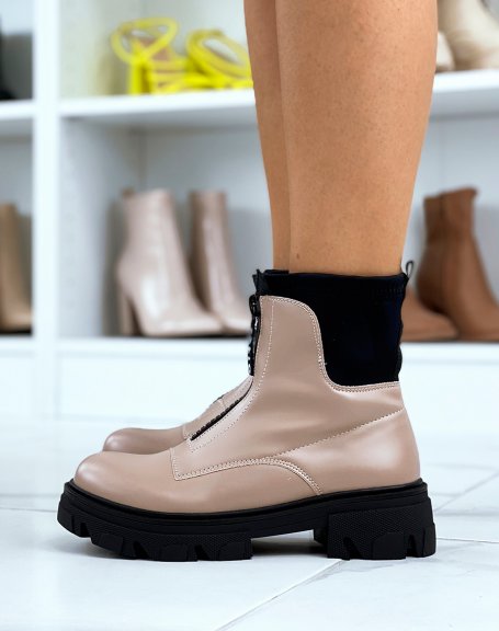 Beige gummed sock-effect ankle boots