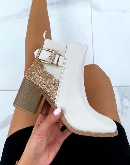Beige heeled ankle boots with glitter detail