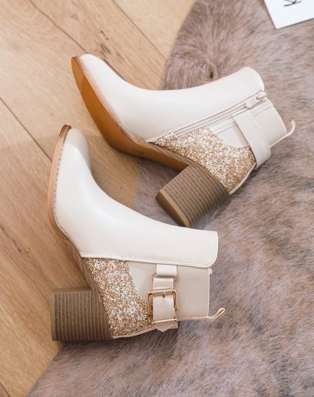 Beige heeled ankle boots with glitter detail