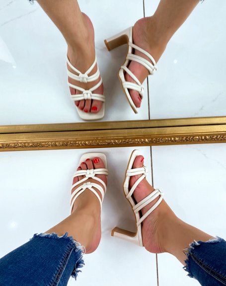 Beige heeled mules with multiple tied straps