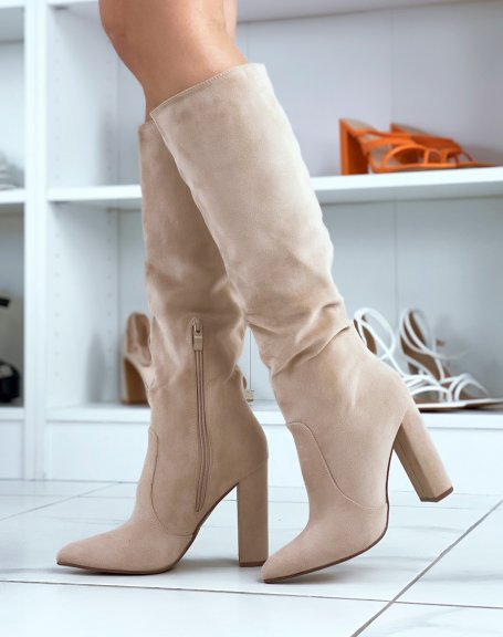 Beige heeled pointy toe boots