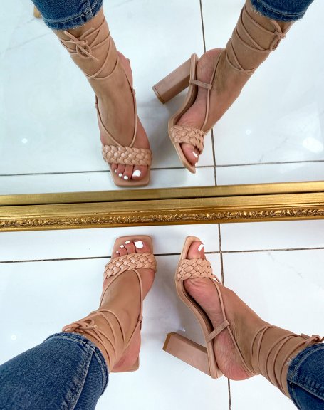 Beige heeled sandals with braided strap and long straps