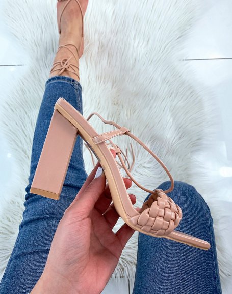 Beige heeled sandals with braided strap and long straps