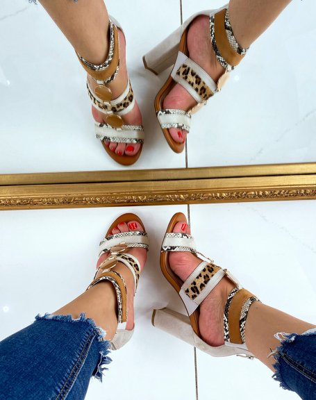 Beige heeled sandals with multiple animal patterns