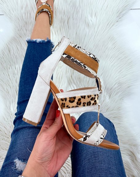 Beige heeled sandals with multiple animal patterns