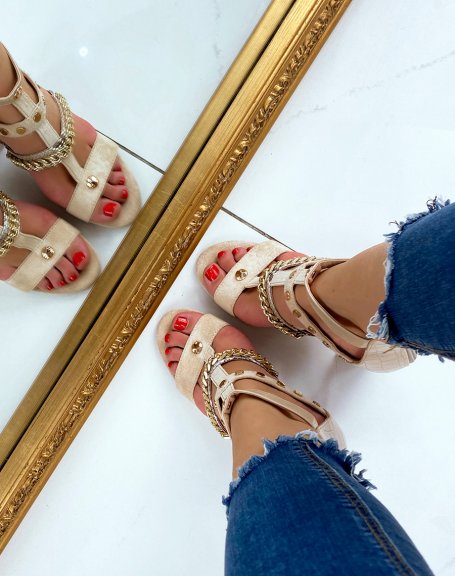 Beige heeled sandals with multiple straps with gold and animal details