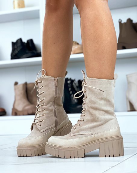 Beige high ankle boots in suede with lace and chunky sole