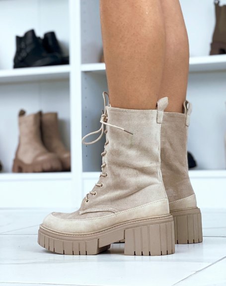 Beige high ankle boots in suede with lace and chunky sole