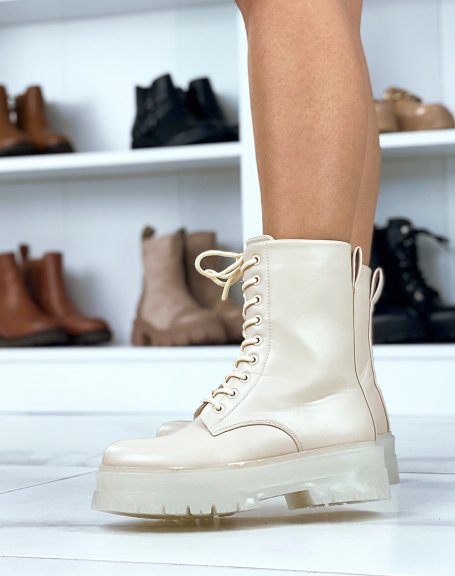 Beige high ankle boots with laces and translucent sole