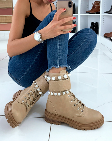 Beige high ankle boots with pearls