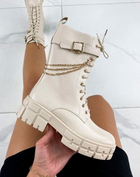 Beige high ankle boots with strap and triple golden chains