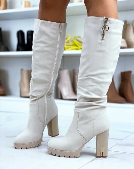 Beige high boots in smooth suede with gold detail