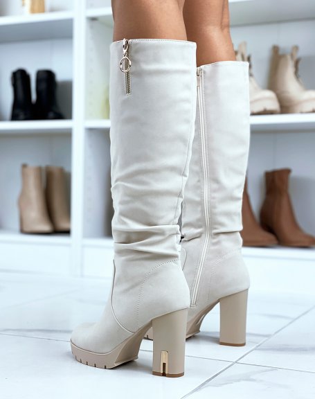 Beige high boots in smooth suede with gold detail