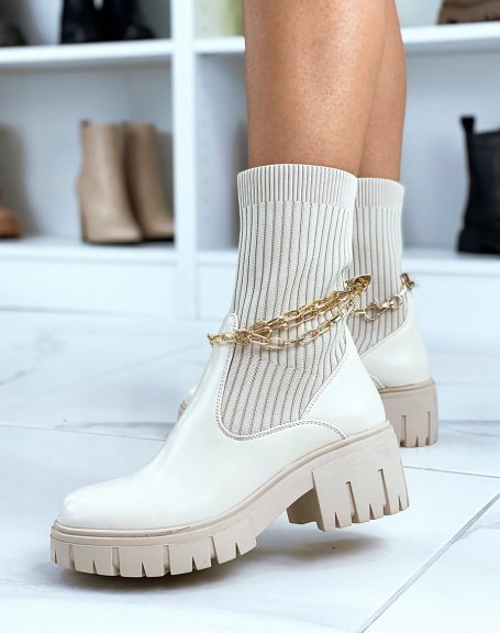 Beige high sock-effect ankle boots with thin golden chains