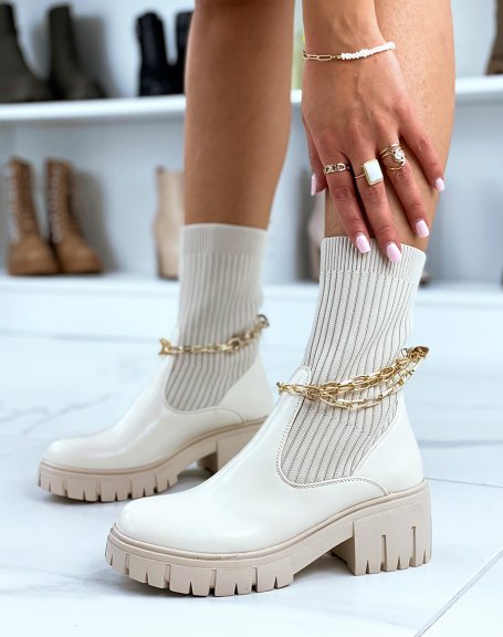 Beige high sock-effect ankle boots with thin golden chains